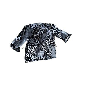 Sami & Jo Leopard Print Ruffle Blouse XL Polyester 3/4 Sleeve Tie Detail Black &
